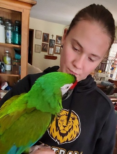 A woman is holding a green macaw
